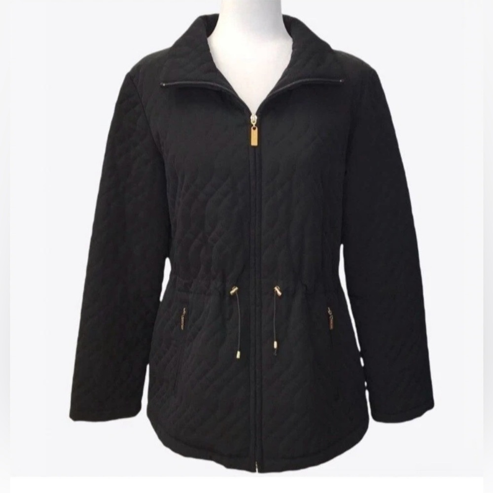 Ellen Tracy Black Quilt Winter Jacket XL Zip Drawstring Waist Plush Lining EUC